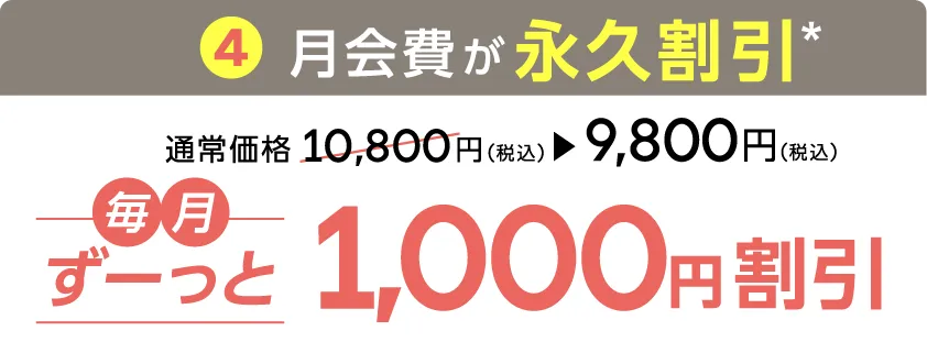 \2ヶ月目以降も！/4.月会費が永久割引* 通常価格10,800円（税込）▶9,800円（税込）　毎月ずーっと1,000円割引