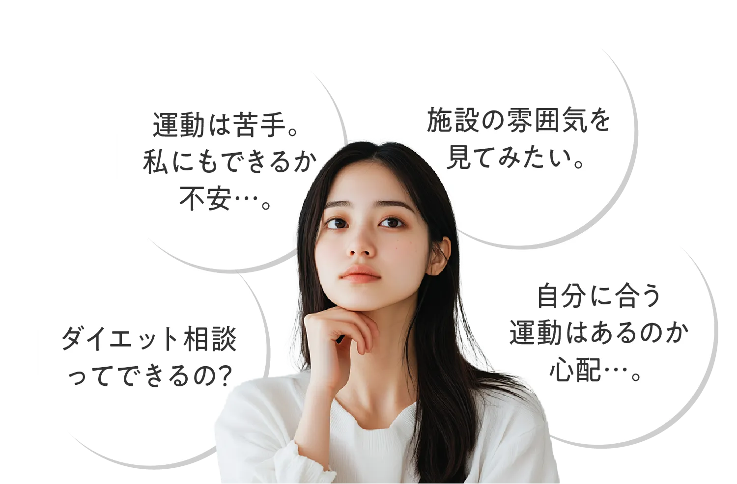 ①運動は苦手。私にもできるか不安...。②施設の雰囲気を見てみたい。③ダイエット相談ってできるの?④自分に合うプログラムはあるのか心配...。