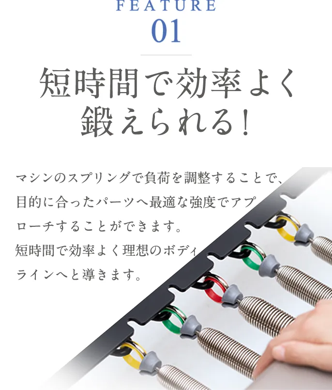 FEATURE01 短時間で効率よく鍛えられる!マシンのスプリングで負荷を調整することで、目的に合ったパーツへ最適な強度でアプローチすることができます。短時間で効率よく理想のボディラインへと導きます。
