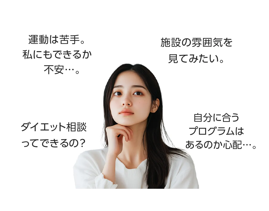 ①運動は苦手。私にもできるか不安...。②施設の雰囲気を見てみたい。③ダイエット相談ってできるの？④自分に合うプログラムはあるのか心配...。