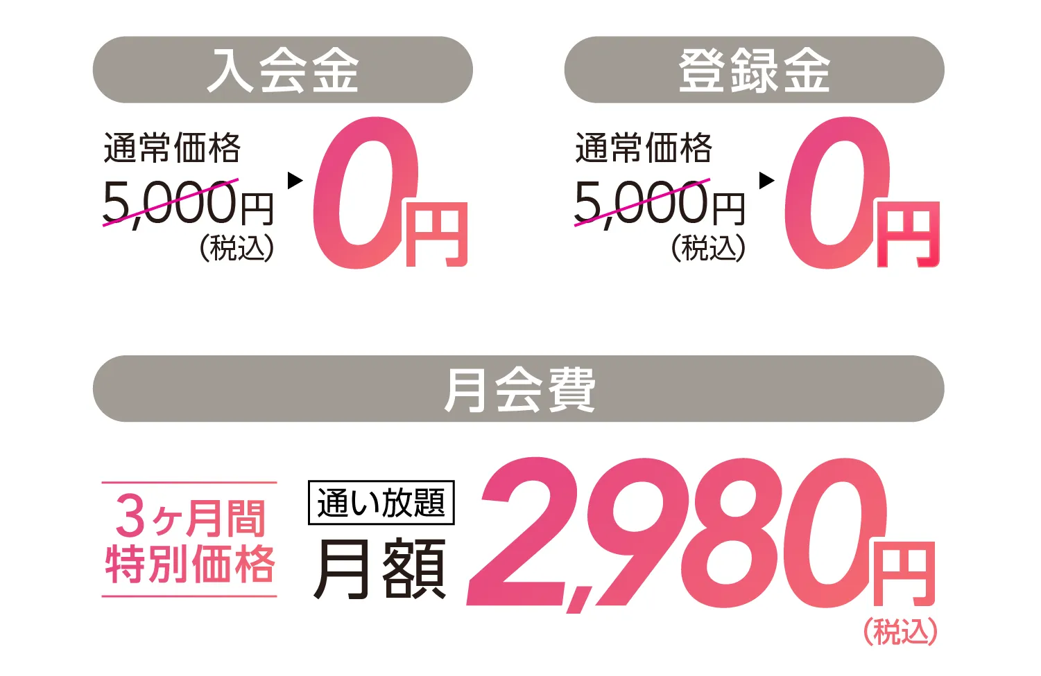 入会金：通常価格5,000円（税込）→0円、登録金：通常価格5,000円（税込）→0円、月会費：通い放題2,980円